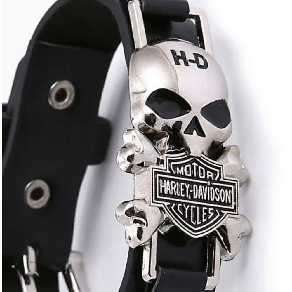 Harley Davidson Motorcycle Skull Design Unisex Leather Bracelet